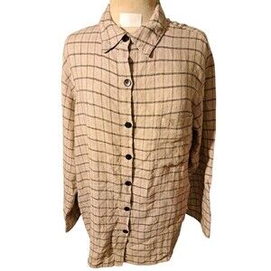 Chico's 100% Linen Shirt Jacket Womens 3 Size XL Button Up Shacket Brown Plaid